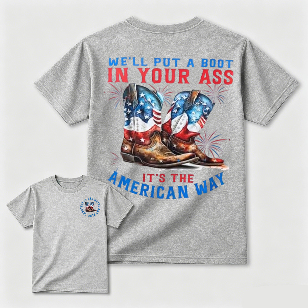 Watercolor American Flag Cowboy Boots Fireworks Patriotic Graphic T-Shirt