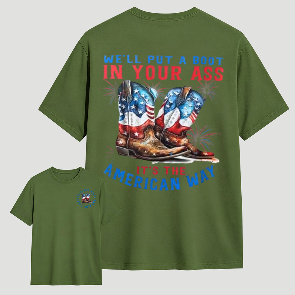 Watercolor American Flag Cowboy Boots Fireworks Patriotic Graphic T-Shirt