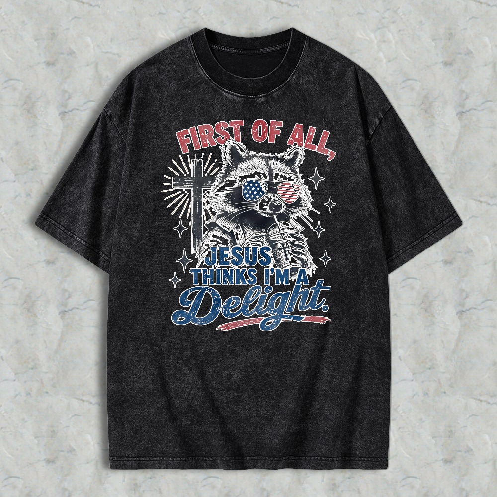 Cat With American Flag Eyes And Cross First Of All Jesus Thinks I M Delight Washed T-shirt