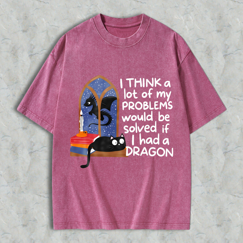 Wardrobecart Dragon And Cat Window Scene I Think A Lot Of My Problems Would Be Solved If I Had A Dragon Unisex Washed T-shirt