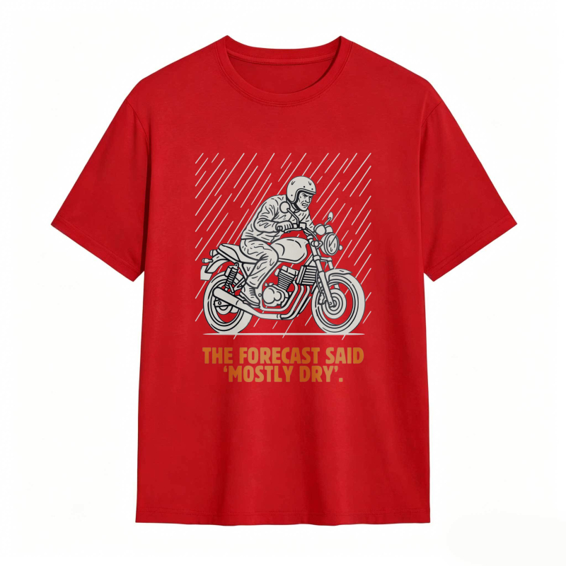 Motorcycle Rider With Rain Lines And Text The Forecast Said Mostly Dry T-shirt