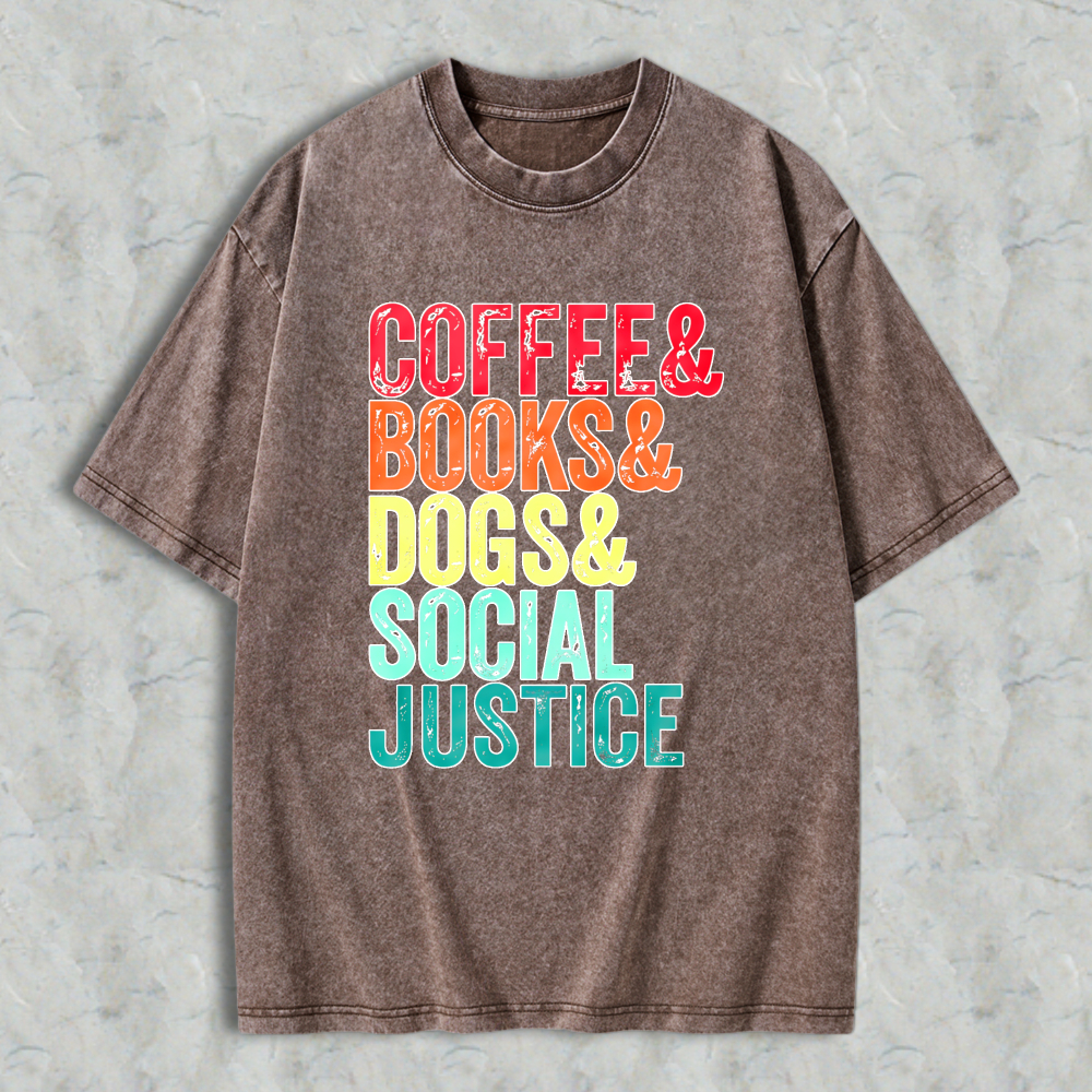 Wardrobecart Coffee Books Dogs Social Justice Unisex Washed T-shirt