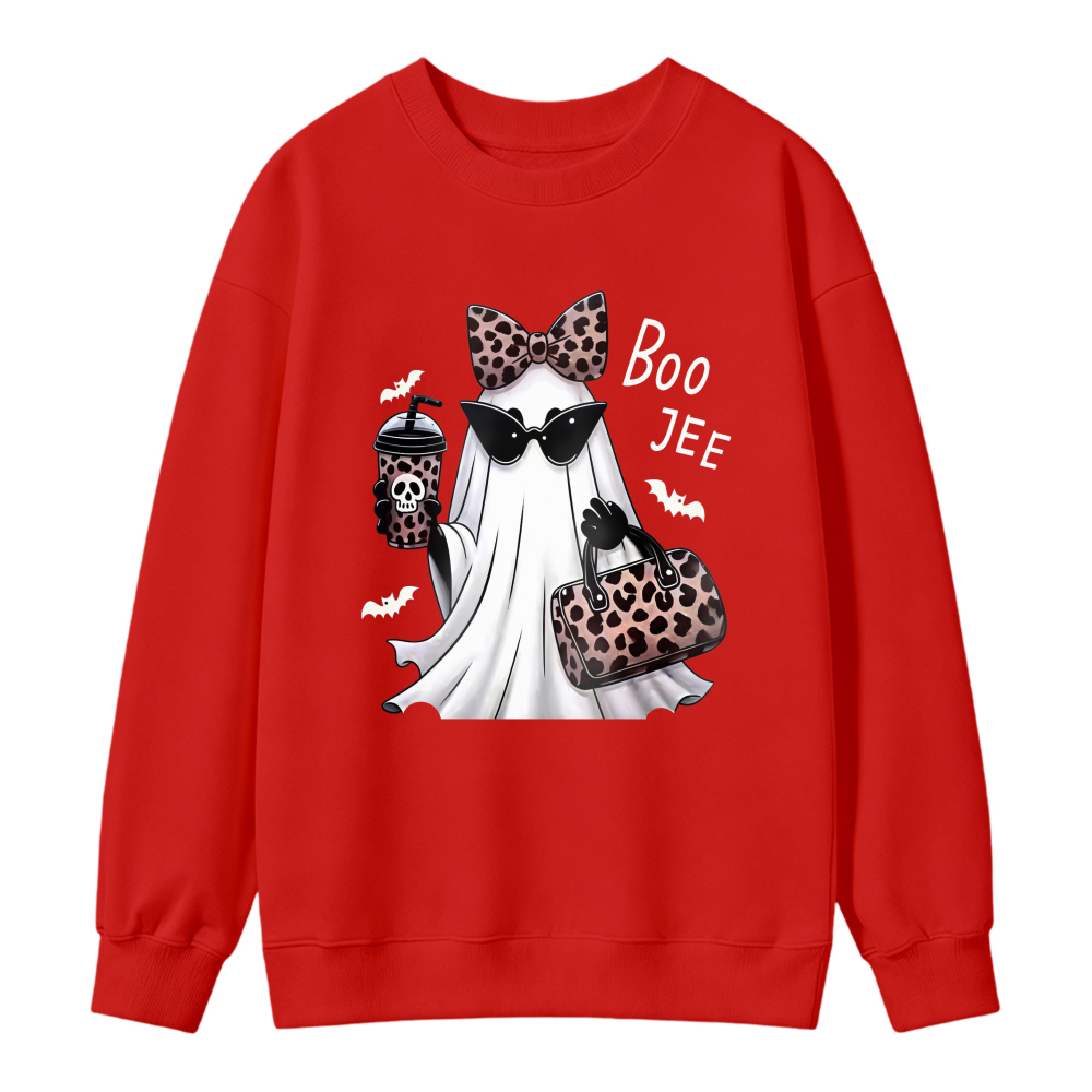 Cute Ghost With Leopard Bow Sunglasses And Coffee Cup Boo Jee Halloween Graphic Sweatshirt