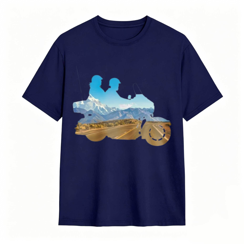 Mountain Landscape With Two Riders On A Motorcycle T-shirt