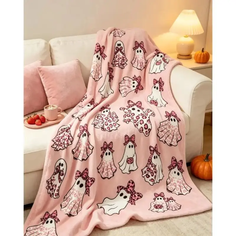 Halloween Cheetah Ghost Flannel Blankets Throw Blankets Pink Or Brown Leopard Print Bedding Bed Accessories Wrinkle Resistant Cozy Spooky Western Boho For Adult Baby Home Decor Halloween Season  Gift Fall Farmhouse Decor Spooky Season Blanket