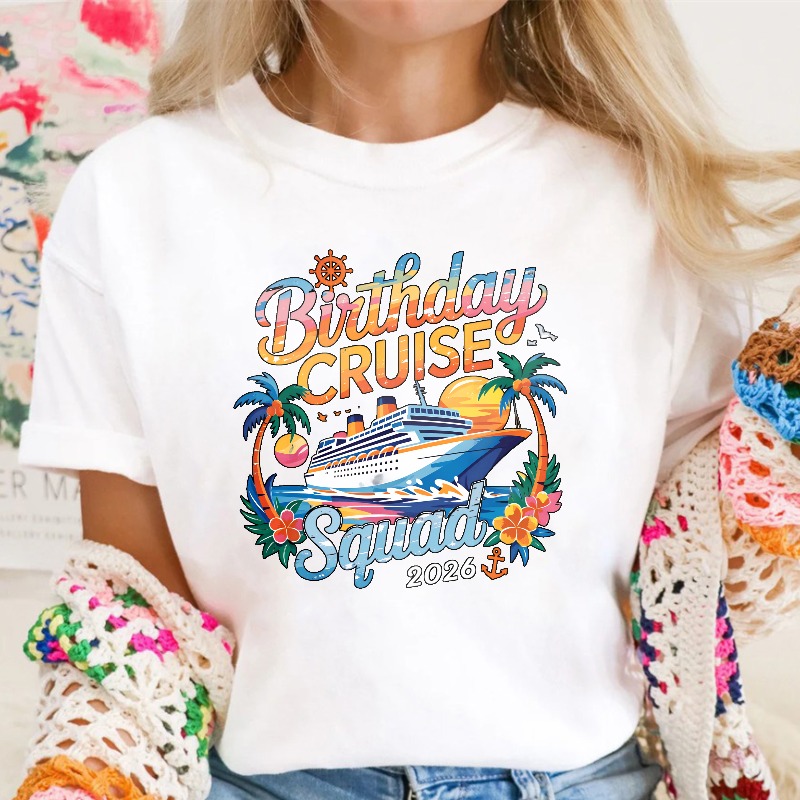 Birthday Cruise Squad 2026 Ship Palm Tree Floral Design T-shirt