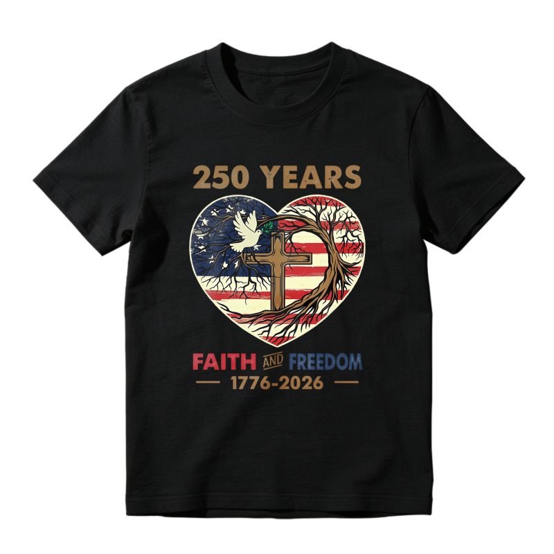 Heart With American Flag Cross And Dove Faith And Freedom 250 Years 1776 2026 T-shirt