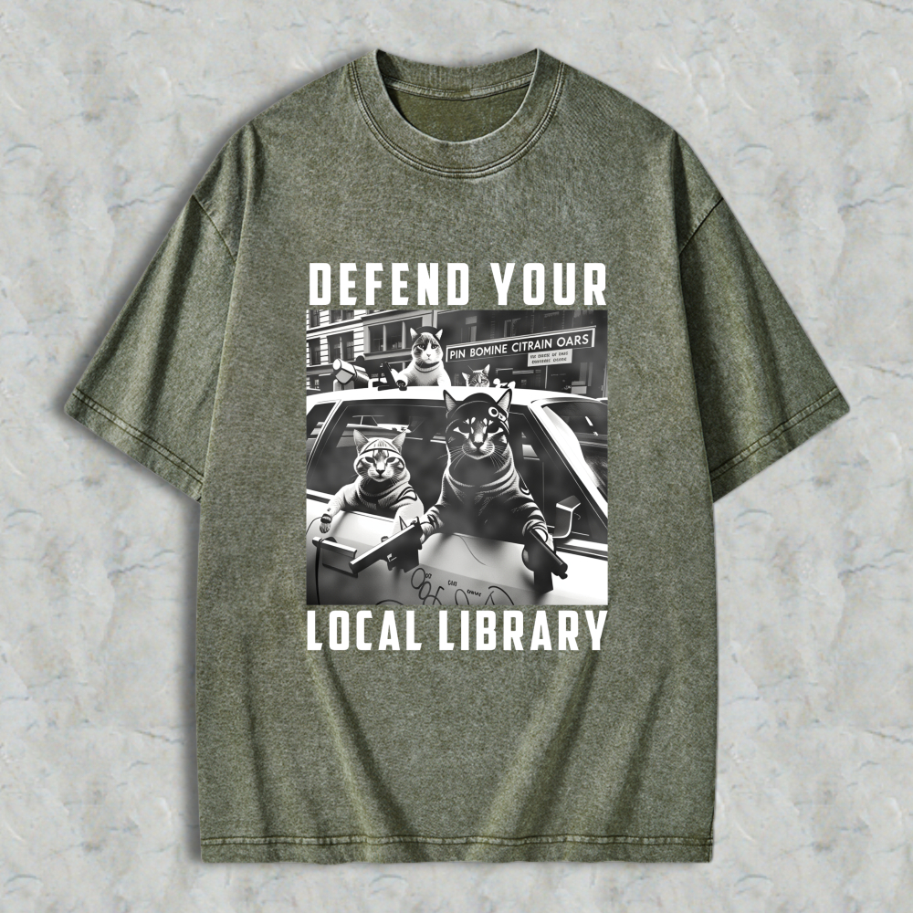 Wardrobecart Defend Your Local Library Cats With Guns Unisex Washed T-shirt