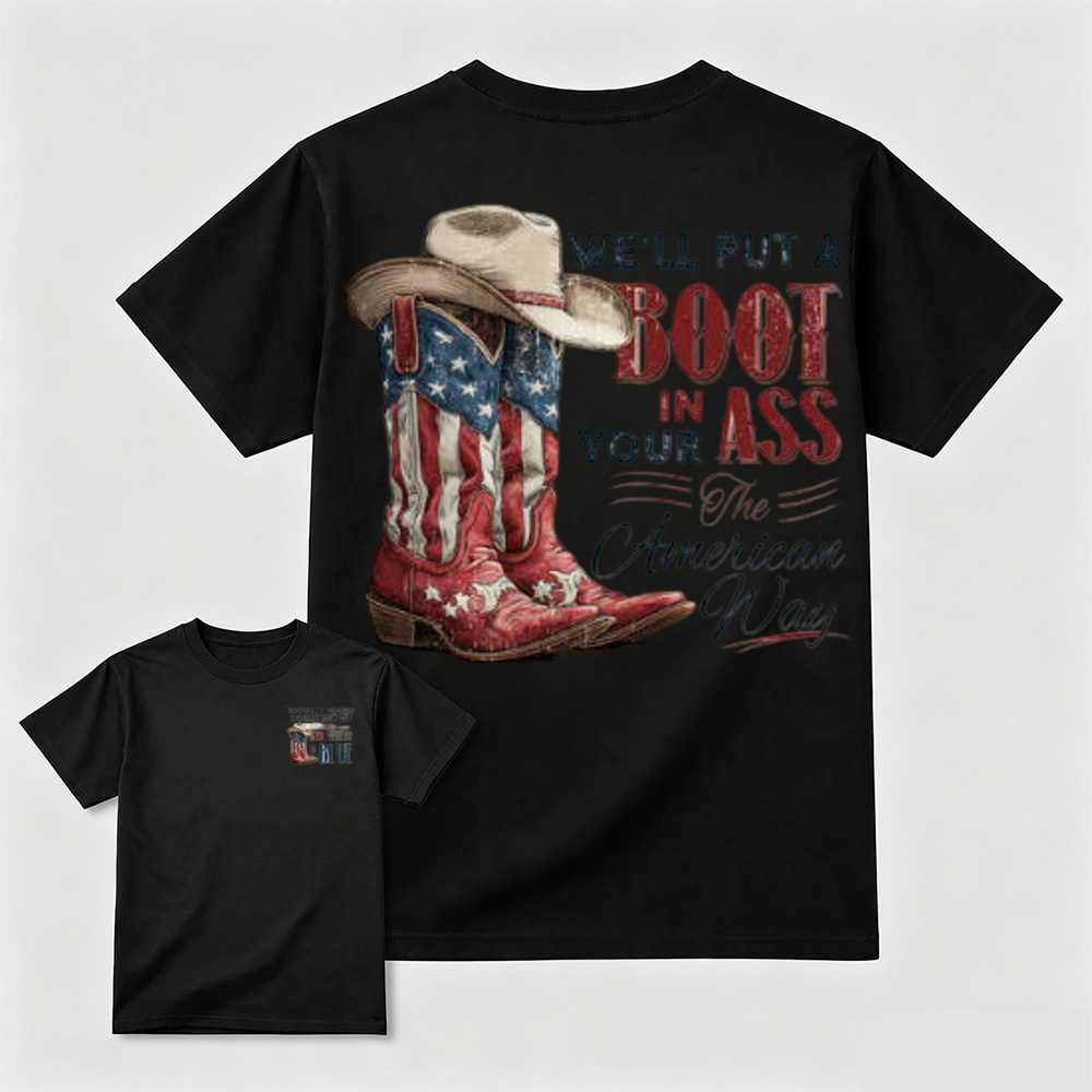 Western Red White Blue Flag Cowboy Boots Casual T-Shirt