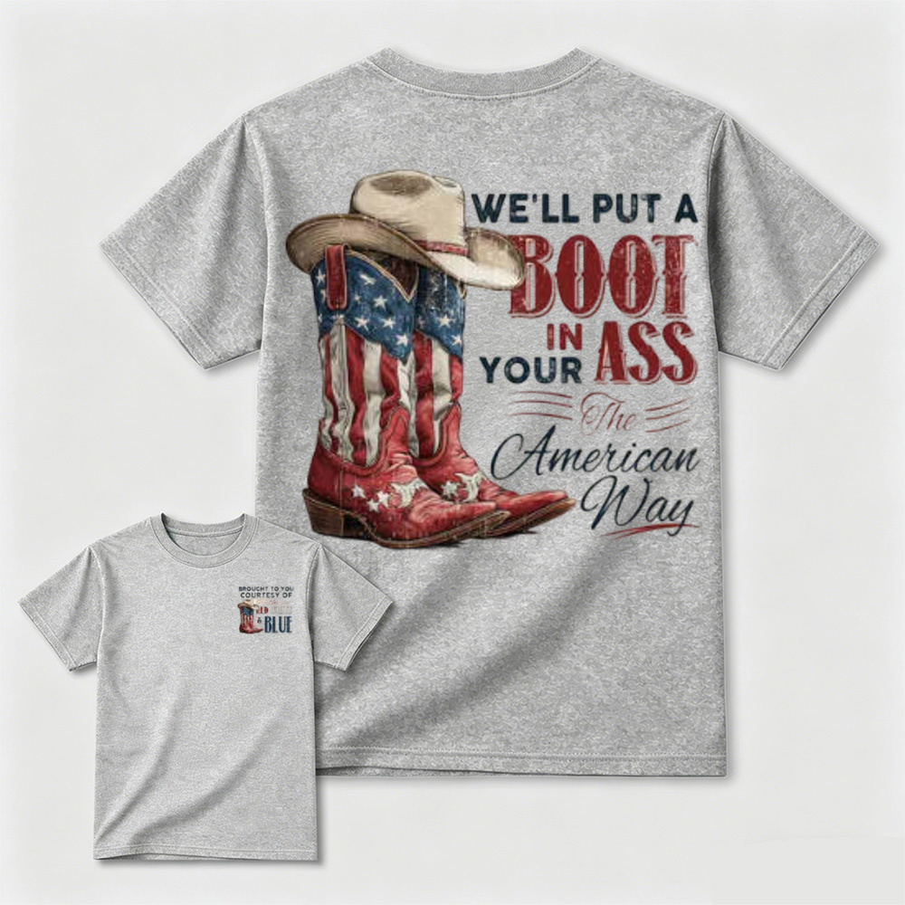 Western Red White Blue Flag Cowboy Boots Casual T-Shirt