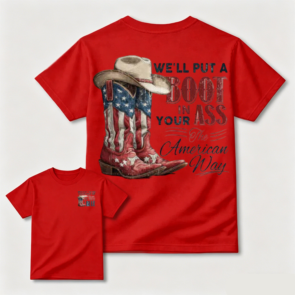 Western Red White Blue Flag Cowboy Boots Casual T-Shirt