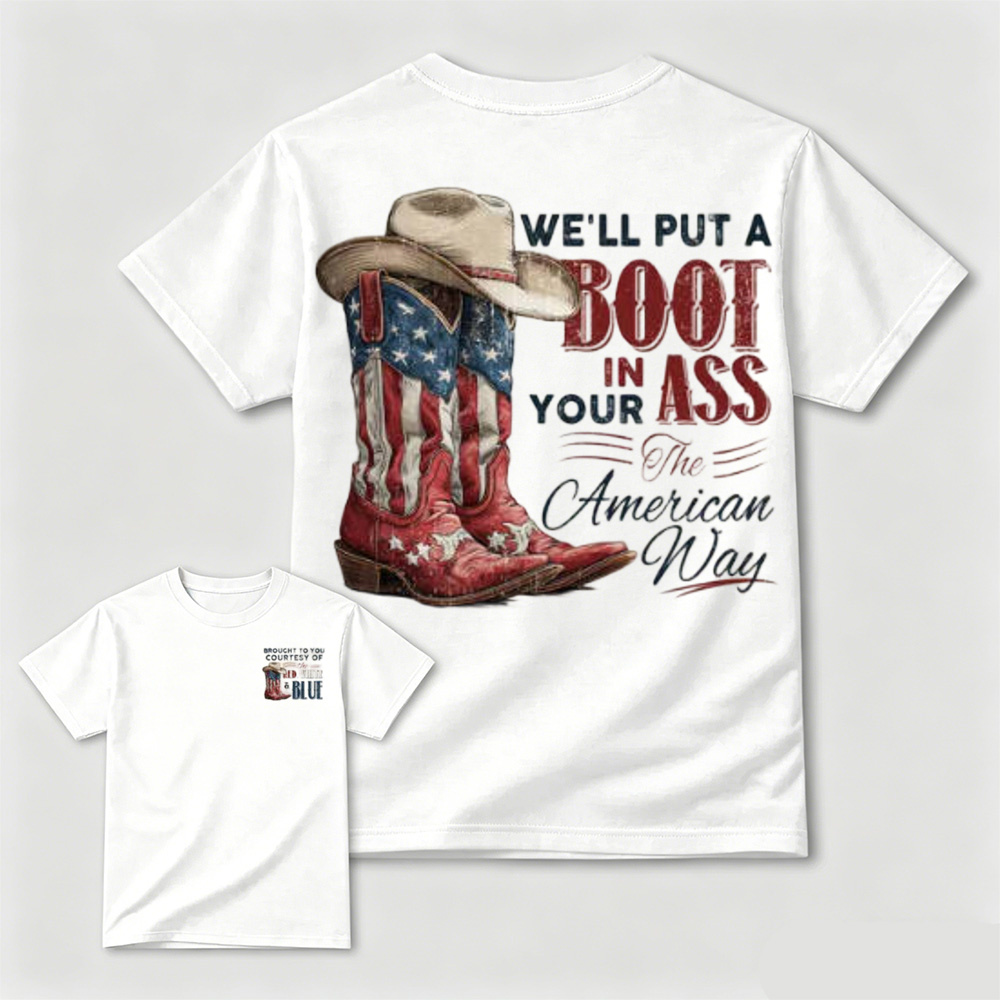 Western Red White Blue Flag Cowboy Boots Casual T-Shirt