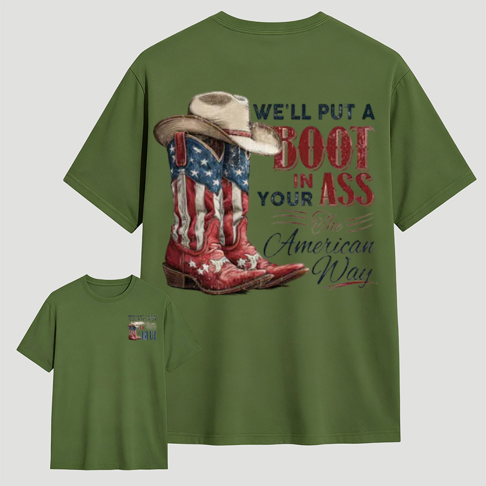 Western Red White Blue Flag Cowboy Boots Casual T-Shirt