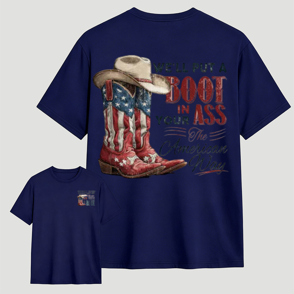 Western Red White Blue Flag Cowboy Boots Casual T-Shirt
