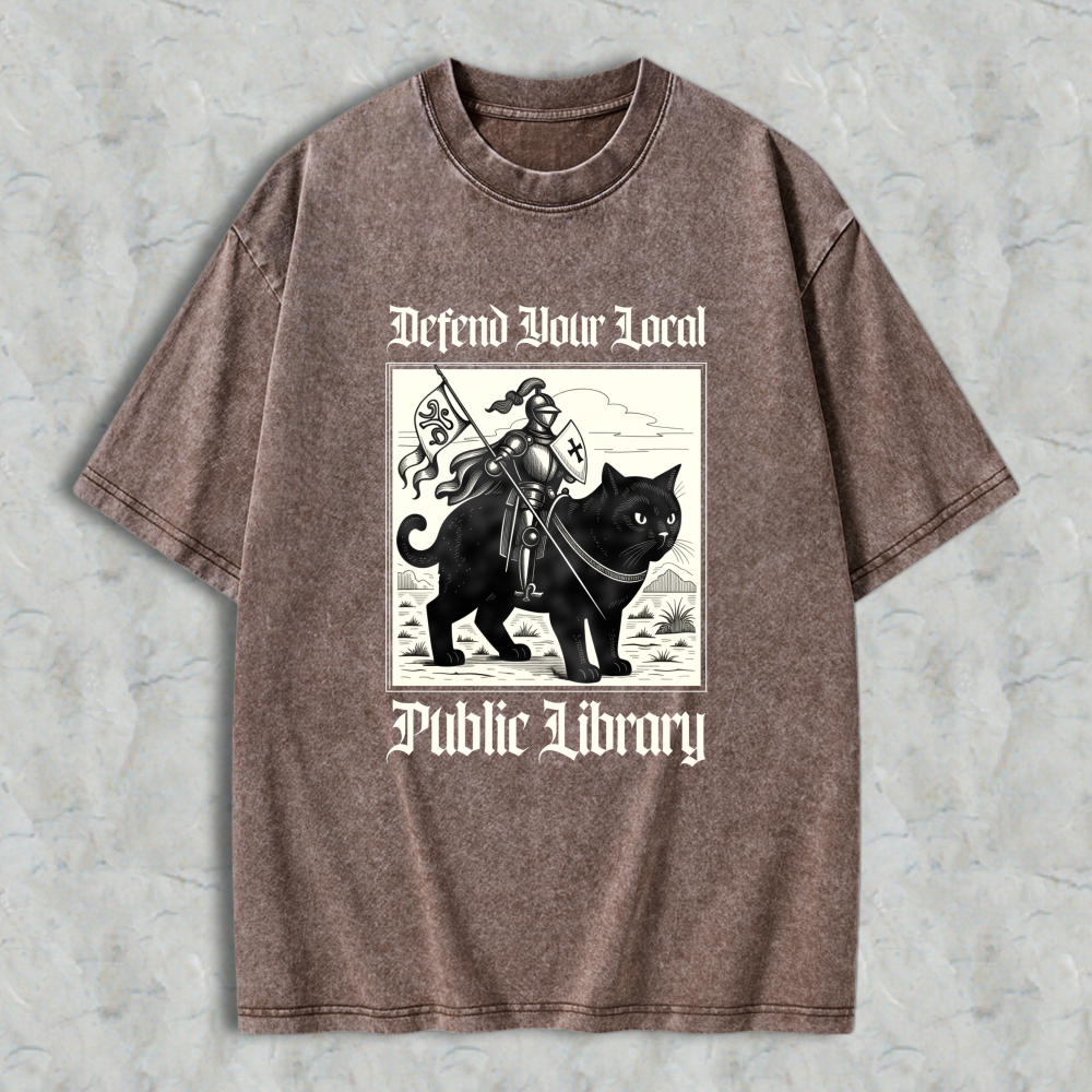 Wardrobecart Cat Knight Defend Your Local Public Library Unisex Washed T-shirt