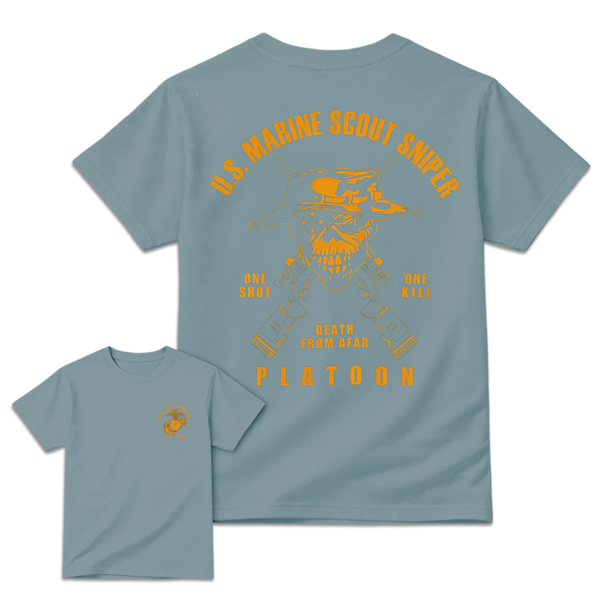 Men's U.S. Marine Scout Sniper T-Shirt,  Casual Menswear, 2-Sided Marine Legacy Art, Bold Skull and Rifle Art, Skull Print, Eagle Globe & Anchor Military Pride Apparel