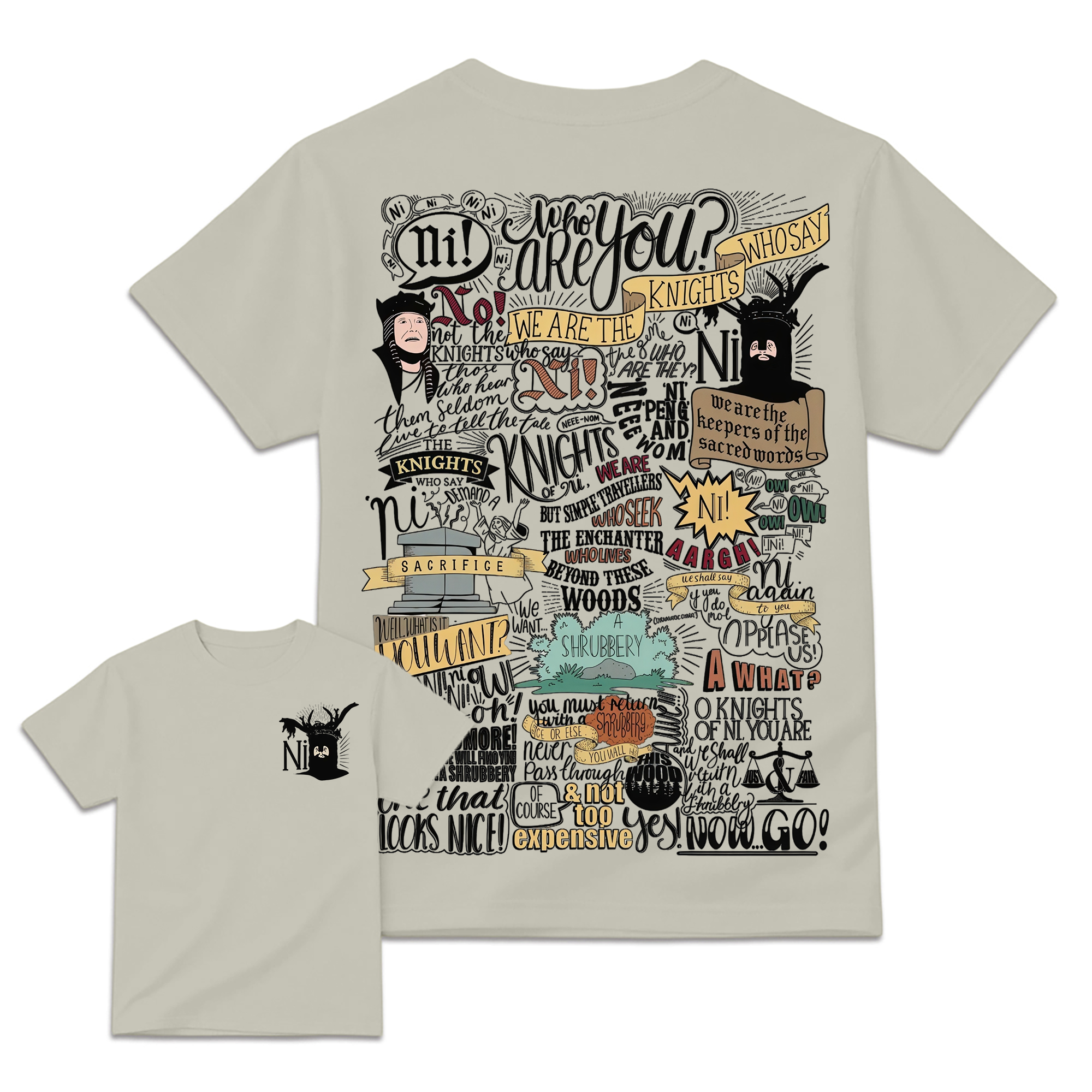 Ni! & Shrubbery Knights Who Say Ni Shirt 2sides, Monty Python and the Holy Grail Meme Tee, Funny 1975 Weirdcore Y2K Aesthetic Gift Unisex Shirt