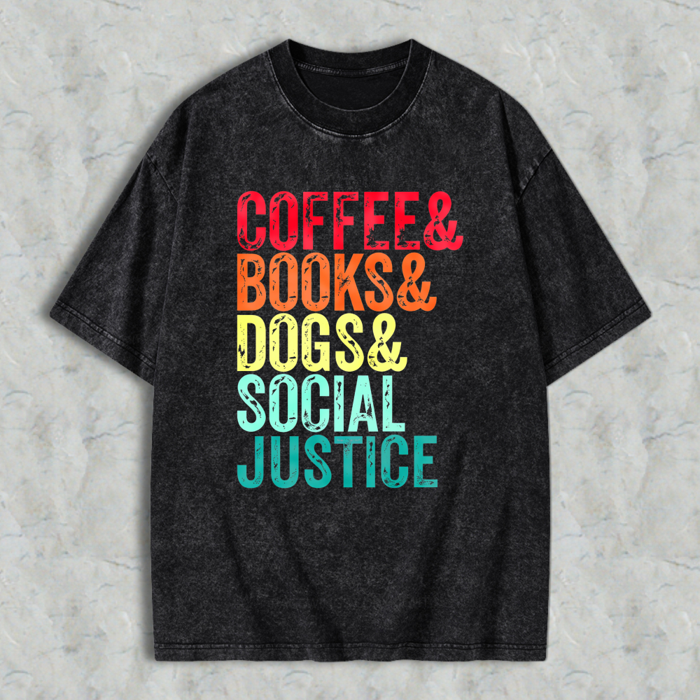 Wardrobecart Coffee Books Dogs Social Justice Unisex Washed T-shirt