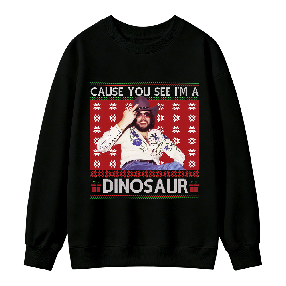 Merry Christmas Dinosaur Hank Williams.Jr Western Sweatshirt, Funny Western Holiday Shirt, Ugly Christmas Sweater, Vintage Country Music Graphic Crewneck, Country Music Fan Gift