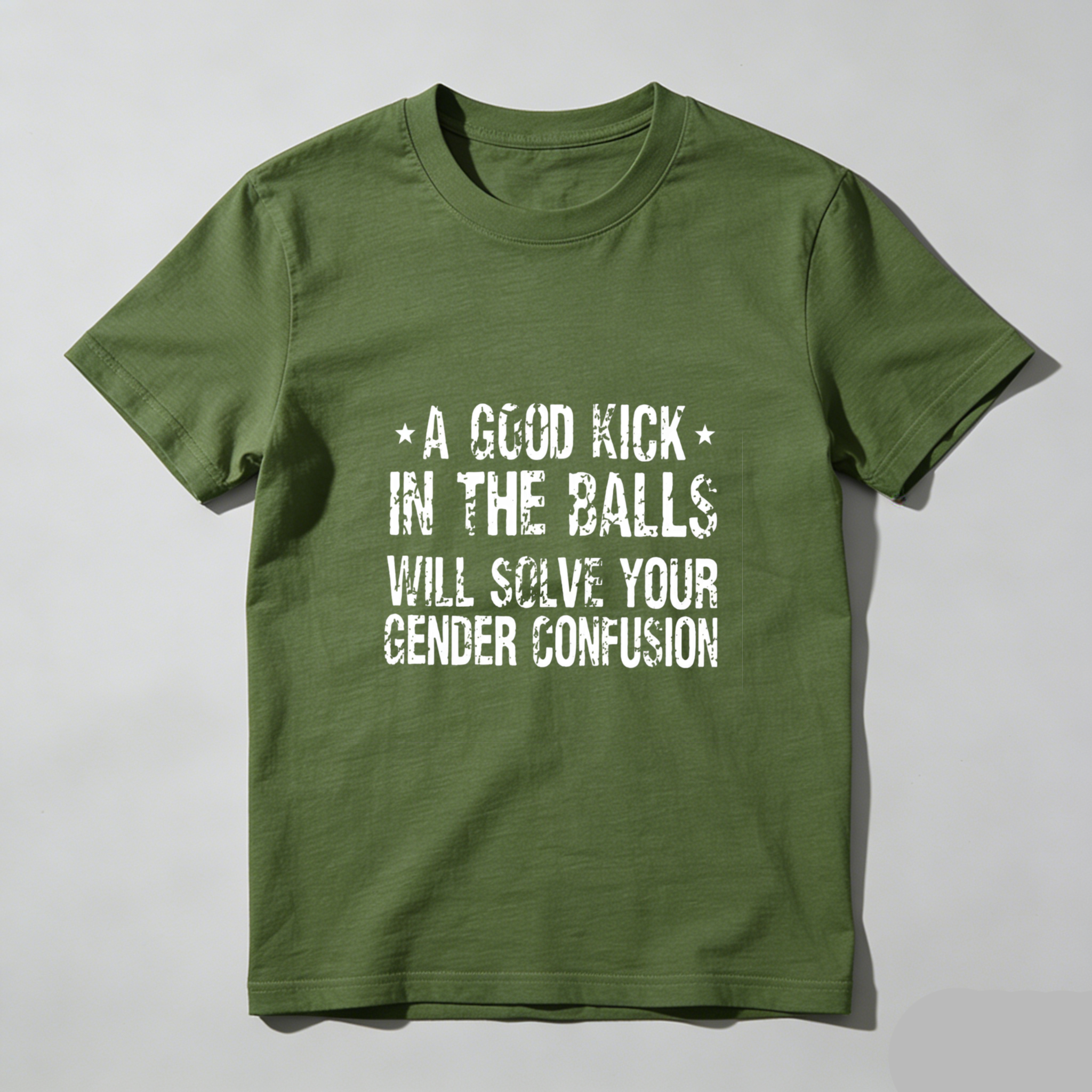TEECURENT A Good Kick In The Balls Will Solve Your Gender Confusion Pure Cotton Short Sleeve T Shirt