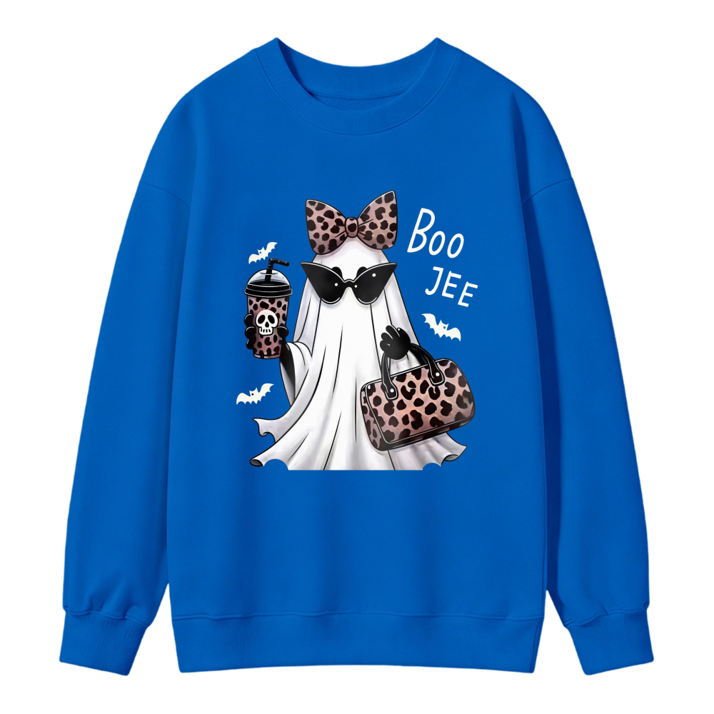 Cute Ghost With Leopard Bow Sunglasses And Coffee Cup Boo Jee Halloween Graphic Sweatshirt