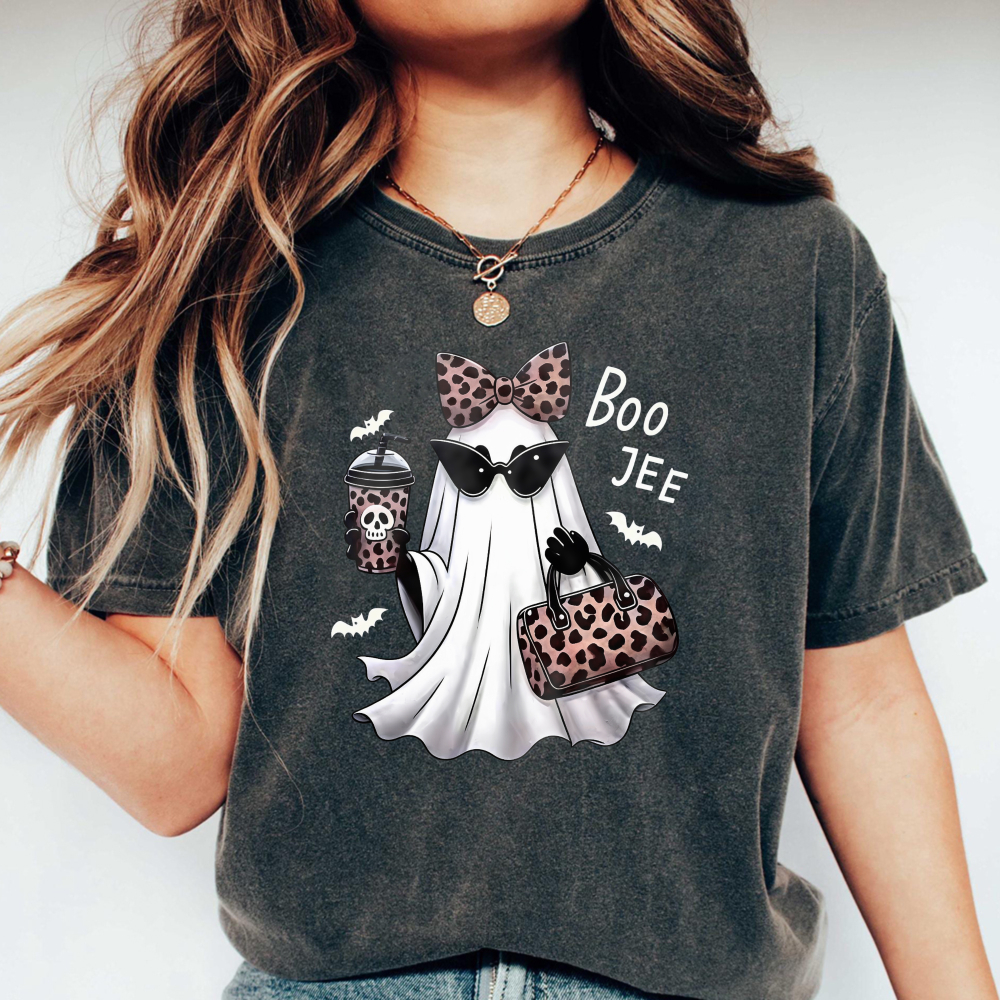 Leopard Print Ghost With Sunglasses And Boo Jee Text Washed T-shirt