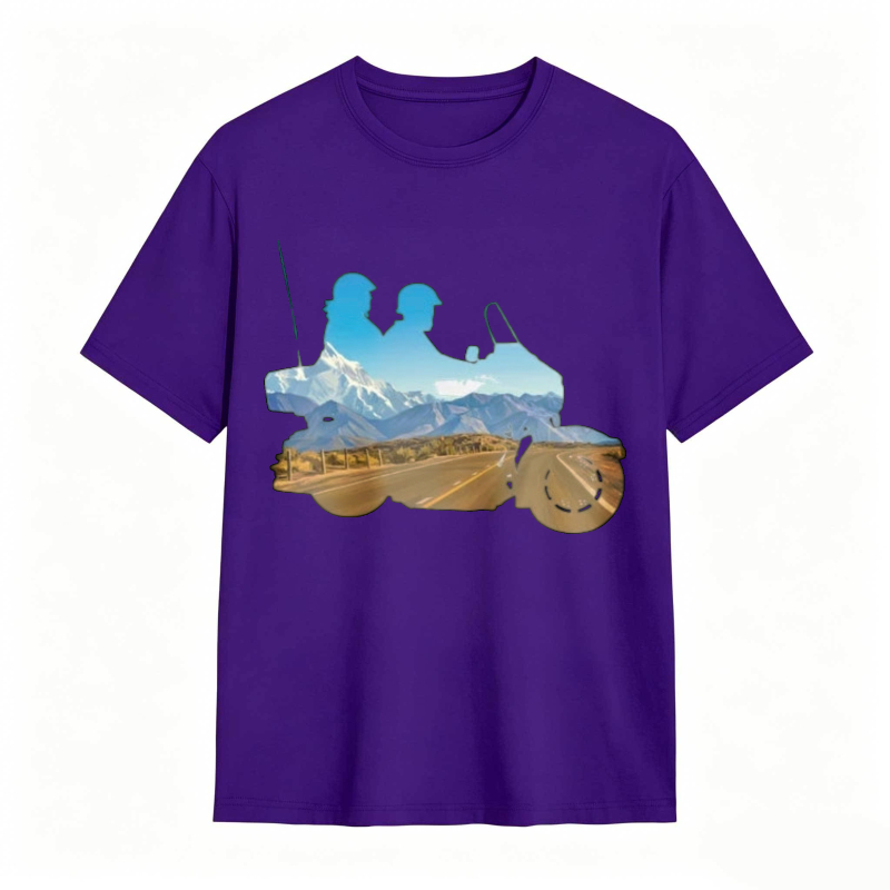Mountain Landscape With Two Riders On A Motorcycle T-shirt