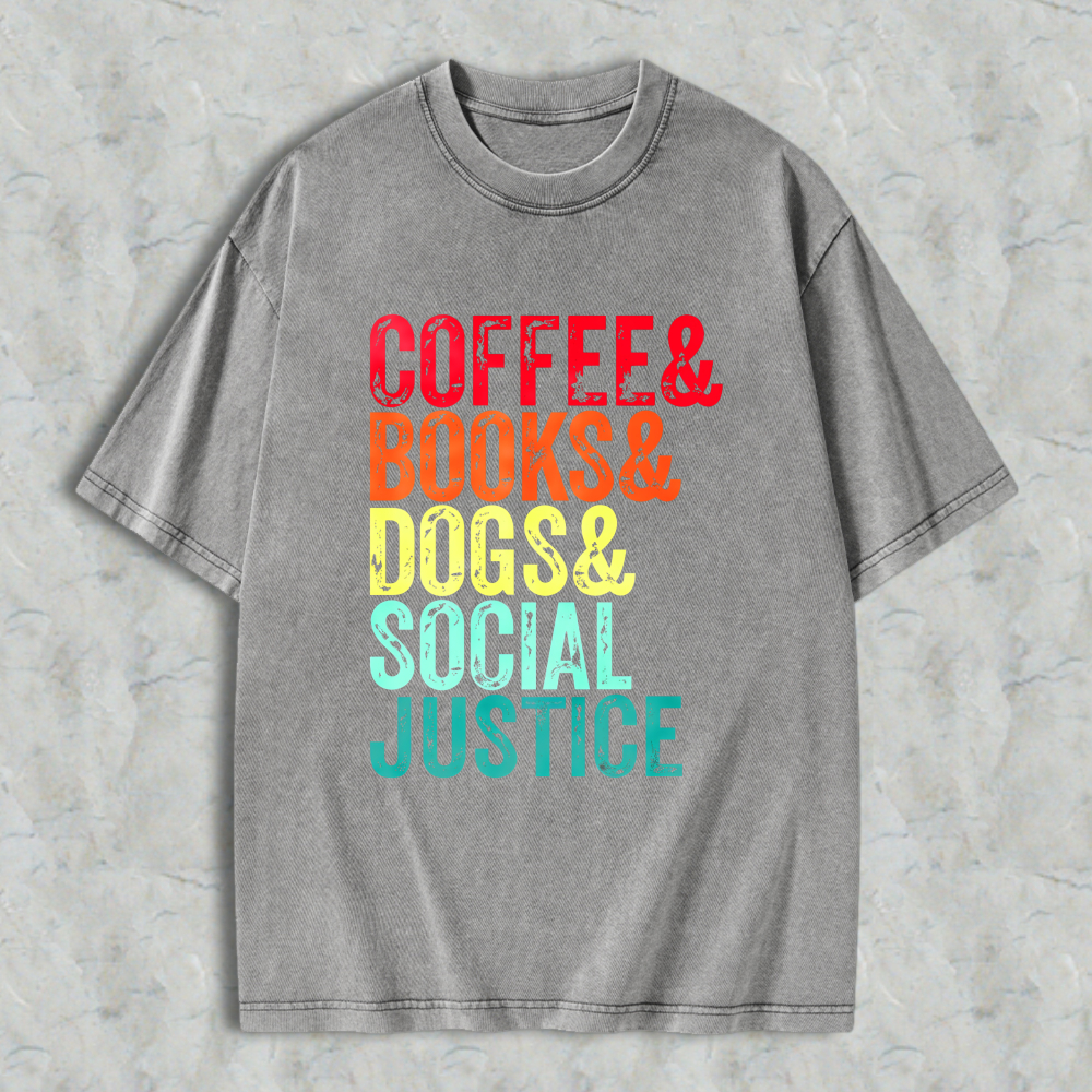 Wardrobecart Coffee Books Dogs Social Justice Unisex Washed T-shirt