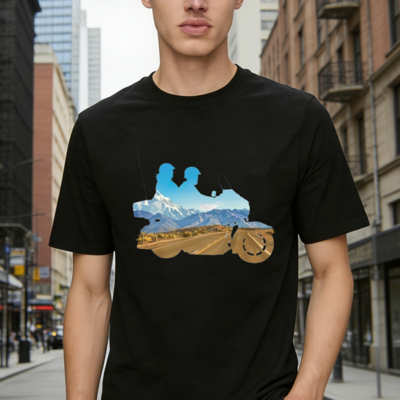 Mountain Landscape With Two Riders On A Motorcycle T-shirt