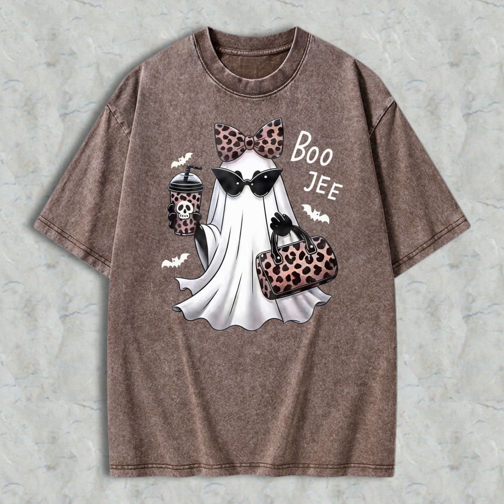 Leopard Print Ghost With Sunglasses And Boo Jee Text Washed T-shirt