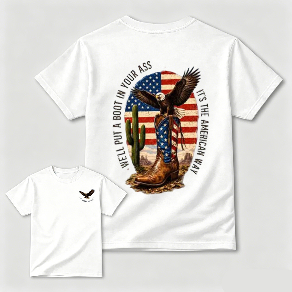 Western Southwest Desert Eagle Cowboy Boots Beige Casual Cotton T-shirt