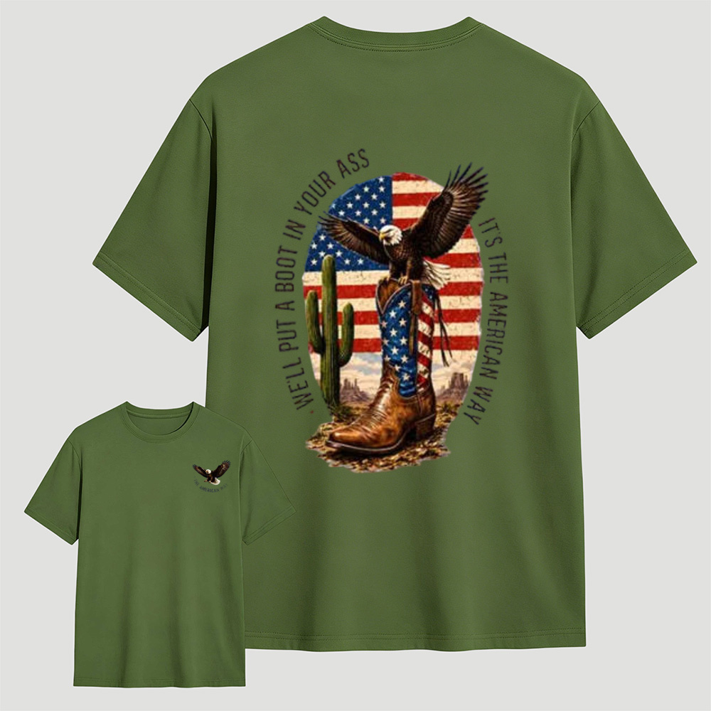 Western Southwest Desert Eagle Cowboy Boots Beige Casual Cotton T-shirt