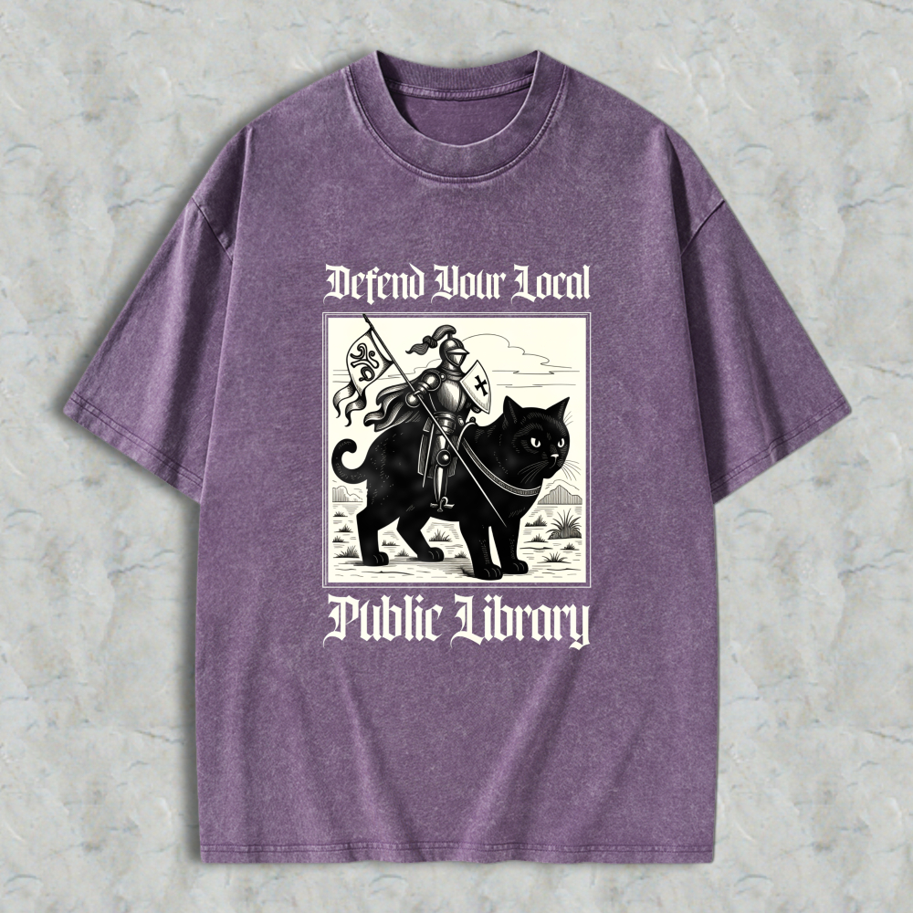 Wardrobecart Cat Knight Defend Your Local Public Library Unisex Washed T-shirt