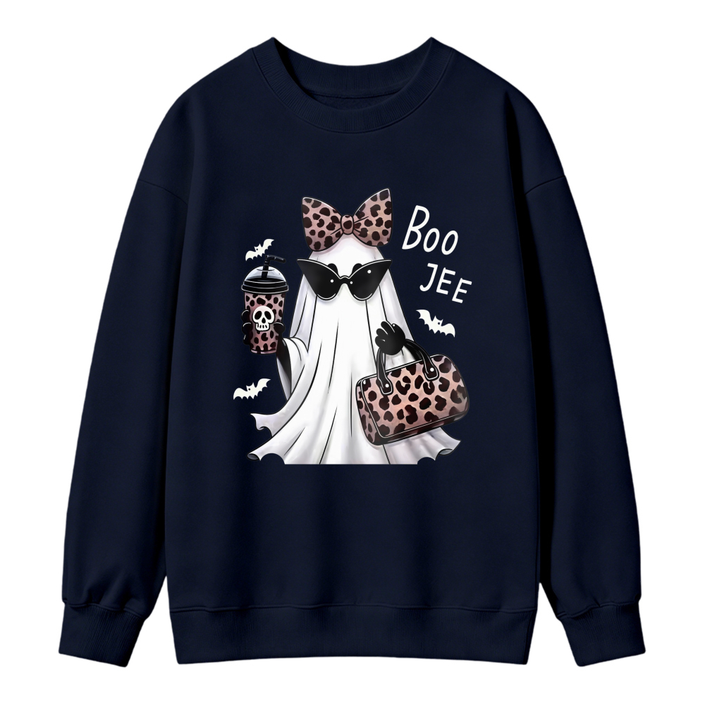 Cute Ghost With Leopard Bow Sunglasses And Coffee Cup Boo Jee Halloween Graphic Sweatshirt