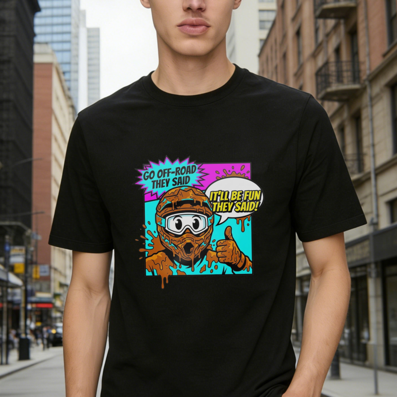 Off Road Adventure Cartoon Character With Mud And Speech Bubbles T-shirt