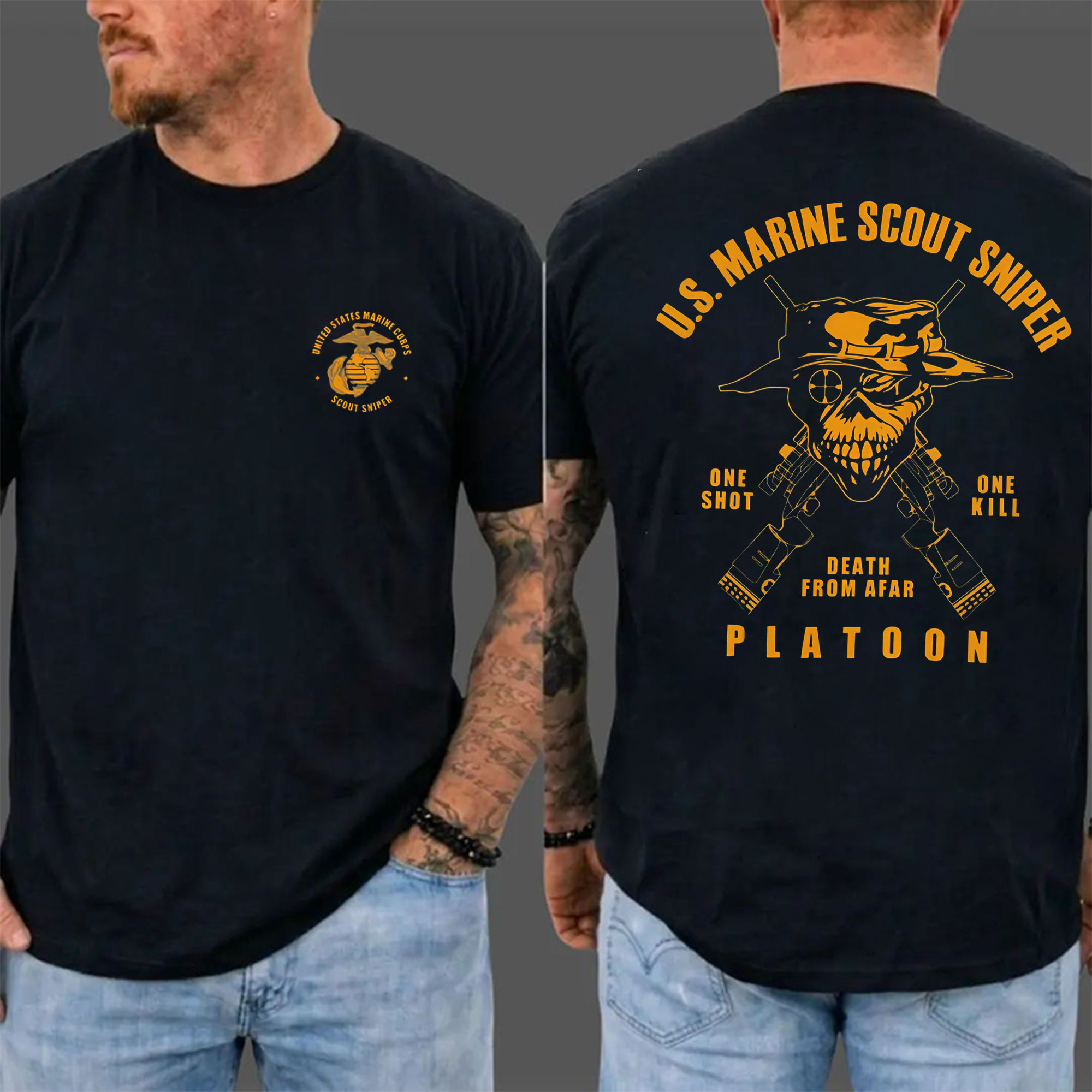 Men's U.S. Marine Scout Sniper T-Shirt,  Casual Menswear, 2-Sided Marine Legacy Art, Bold Skull and Rifle Art, Skull Print, Eagle Globe & Anchor Military Pride Apparel