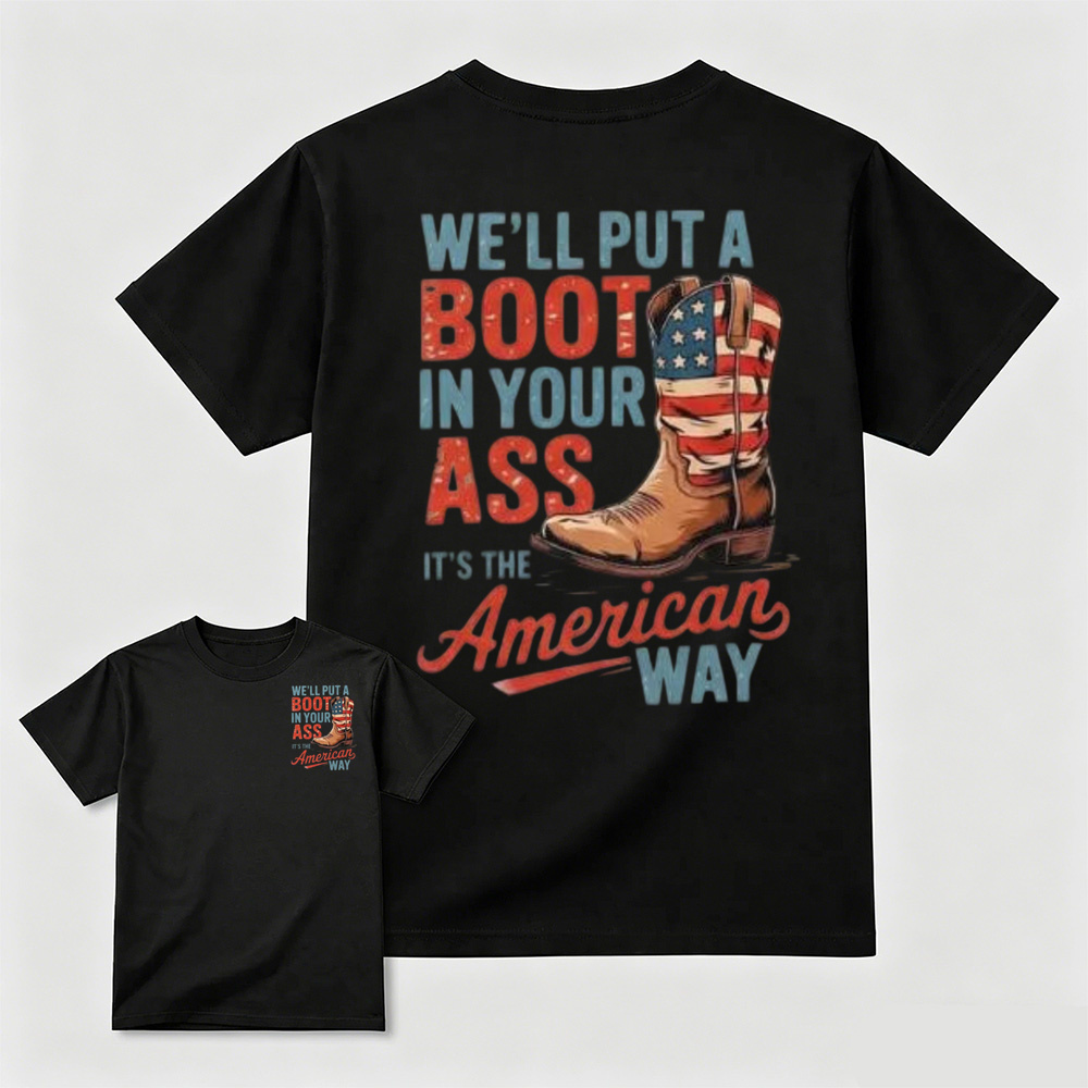 Simple Vintage Patriotic Cowboy Boots Letter Print T-Shirt