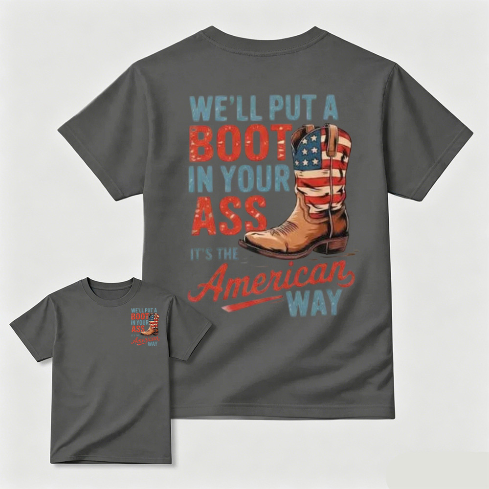Simple Vintage Patriotic Cowboy Boots Letter Print T-Shirt