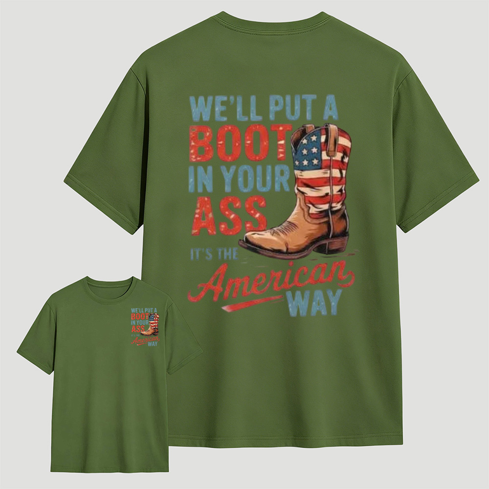 Simple Vintage Patriotic Cowboy Boots Letter Print T-Shirt