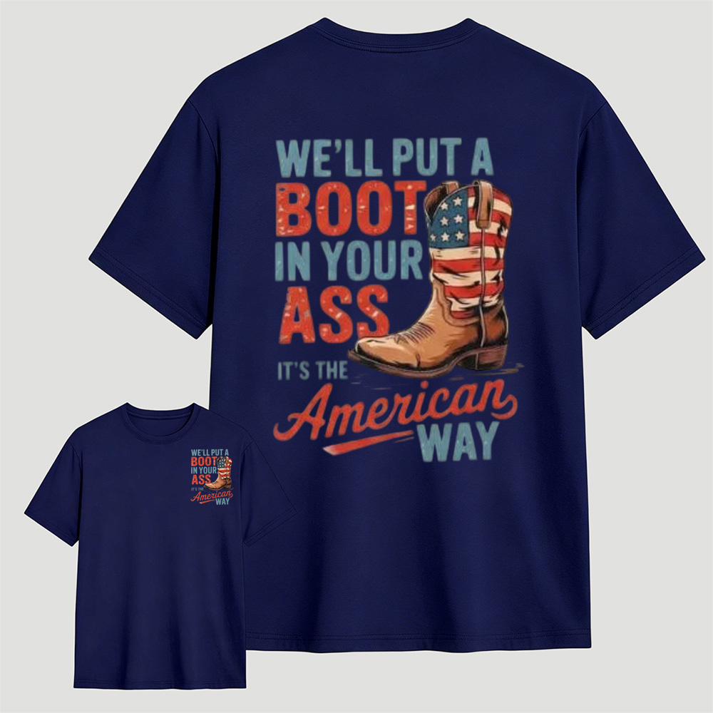 Simple Vintage Patriotic Cowboy Boots Letter Print T-Shirt