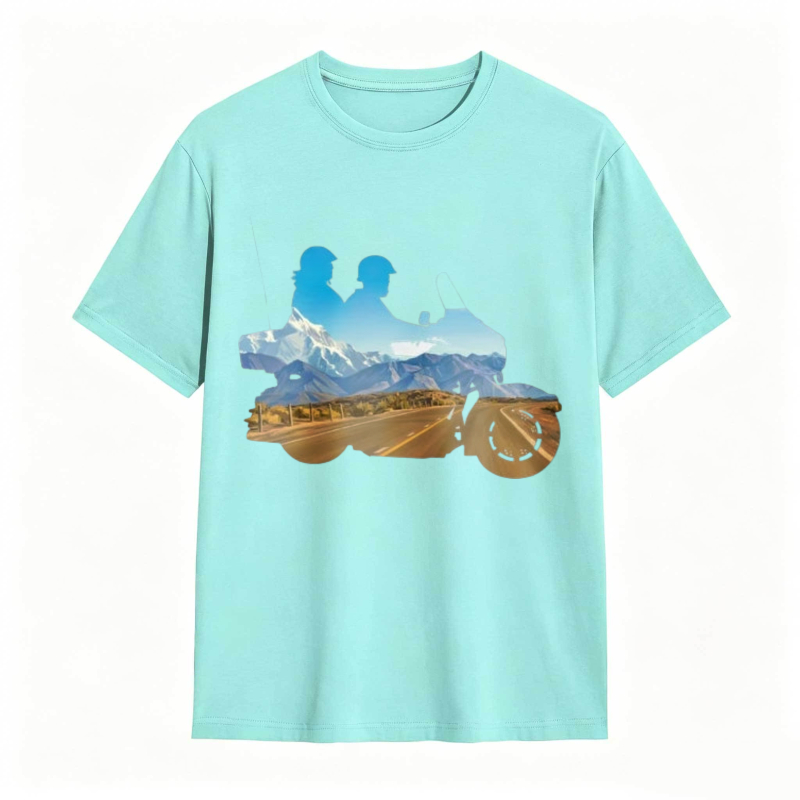 Mountain Landscape With Two Riders On A Motorcycle T-shirt