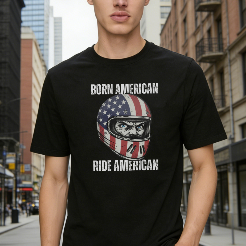 American Flag Helmet Born American Ride American T-shirt