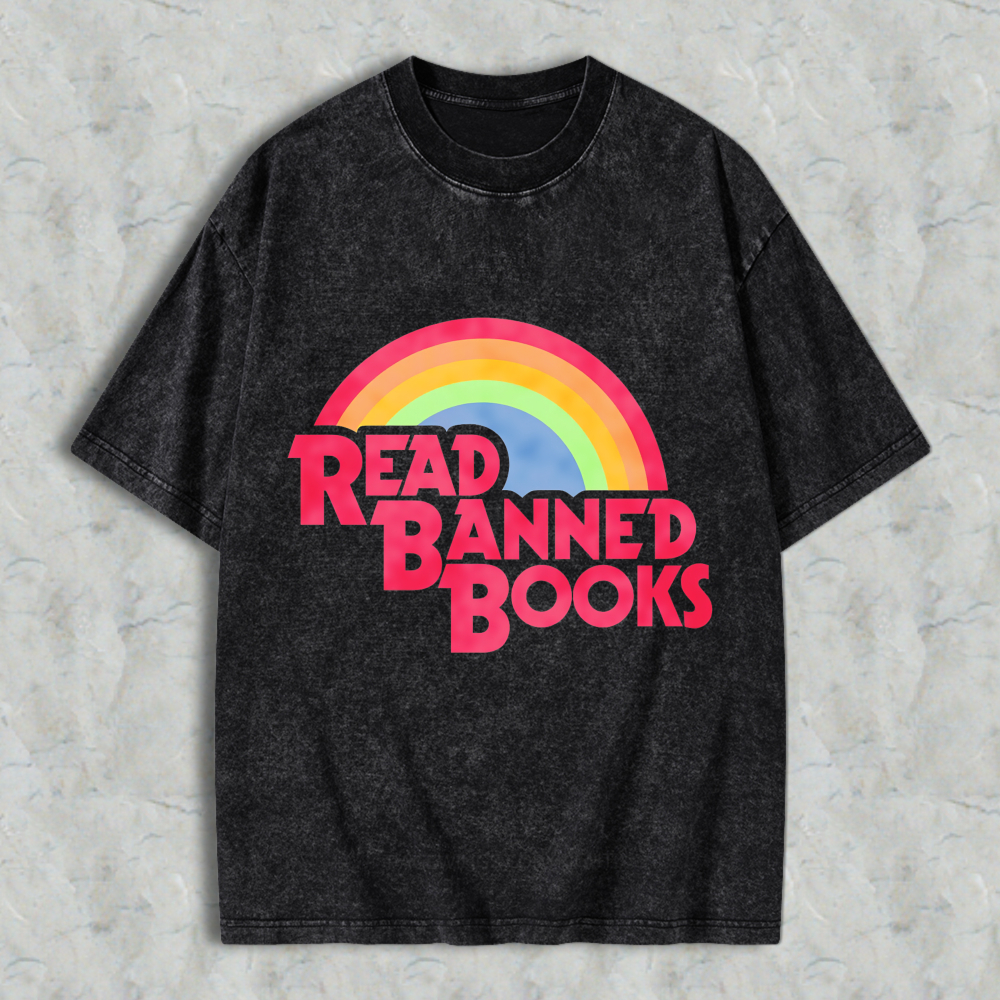 Wardrobecart Read Banned Books Rainbow Design Unisex Washed T-shirt