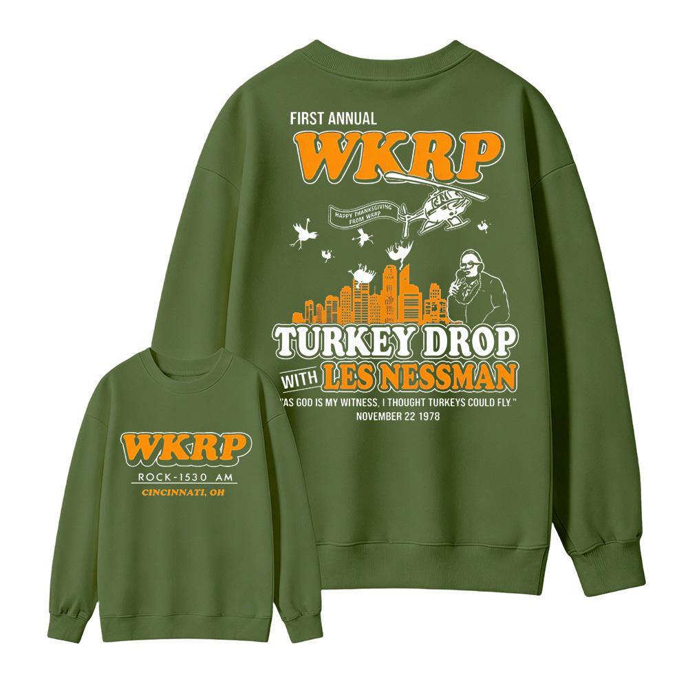 WKRP Turkey Drop T-Shirt, Les Nessman Thanksgiving Graphic Tee Sweatshirt