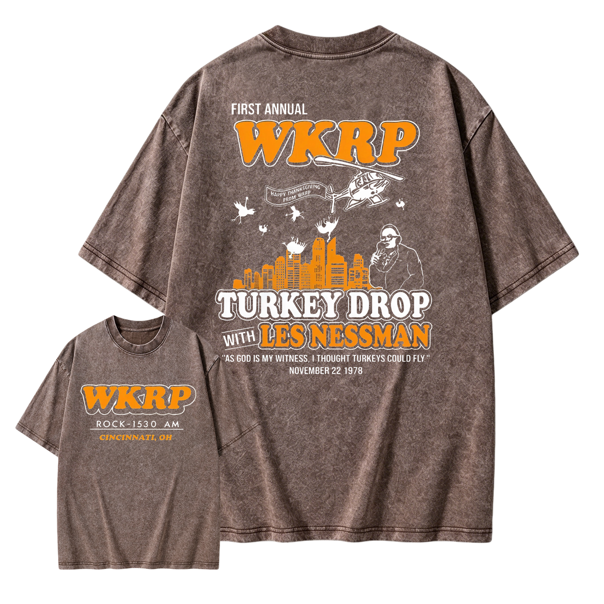 WKRP Turkey Drop T-Shirt, Les Nessman Thanksgiving Graphic Washed T-shirt