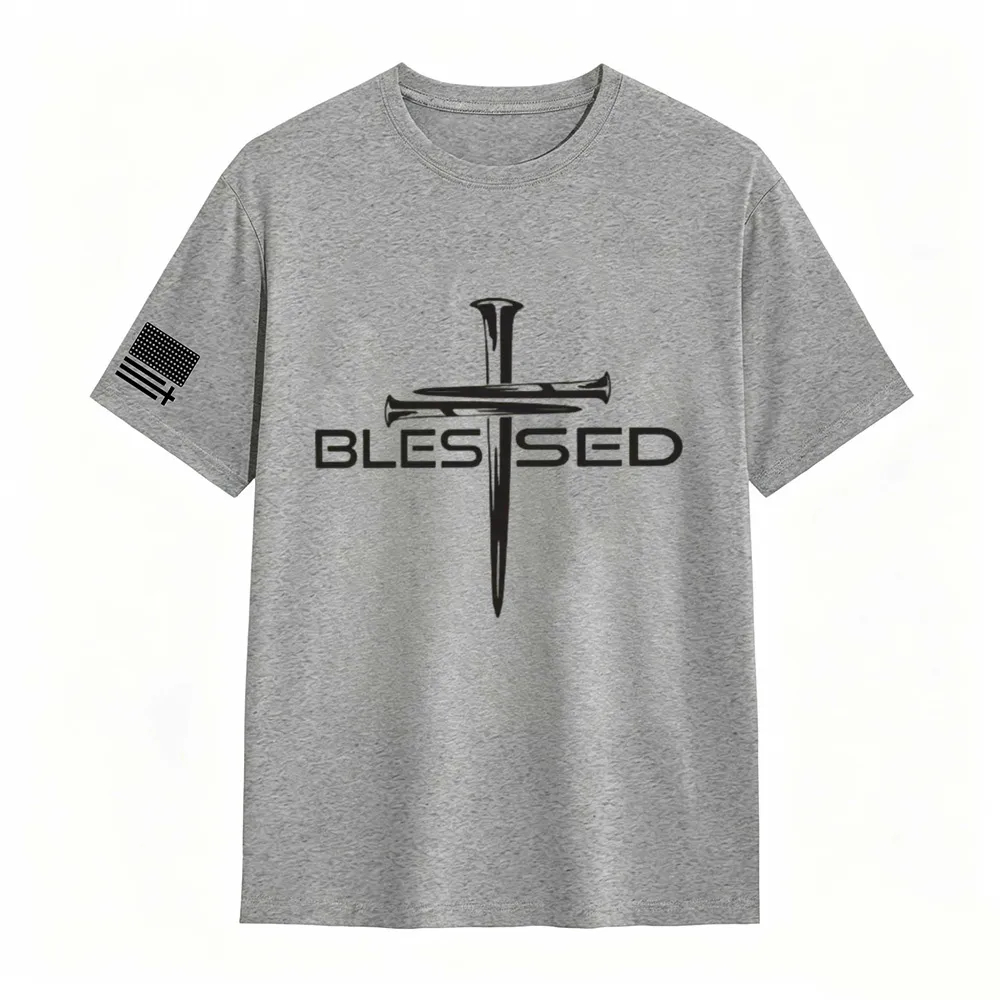 Mens Christian Shirt Nail Cross Blessed Short Sleeve T-shirt Graphic Tee