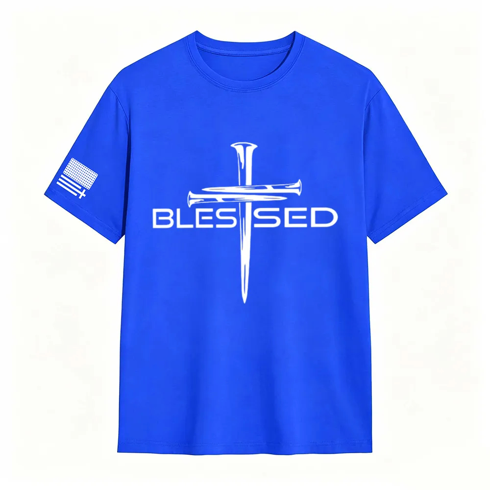 Mens Christian Shirt Nail Cross Blessed Short Sleeve T-shirt Graphic Tee