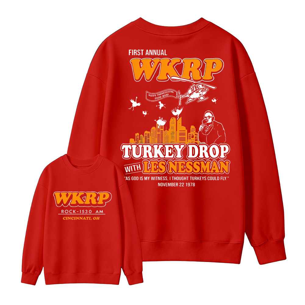 WKRP Turkey Drop T-Shirt, Les Nessman Thanksgiving Graphic Tee Sweatshirt