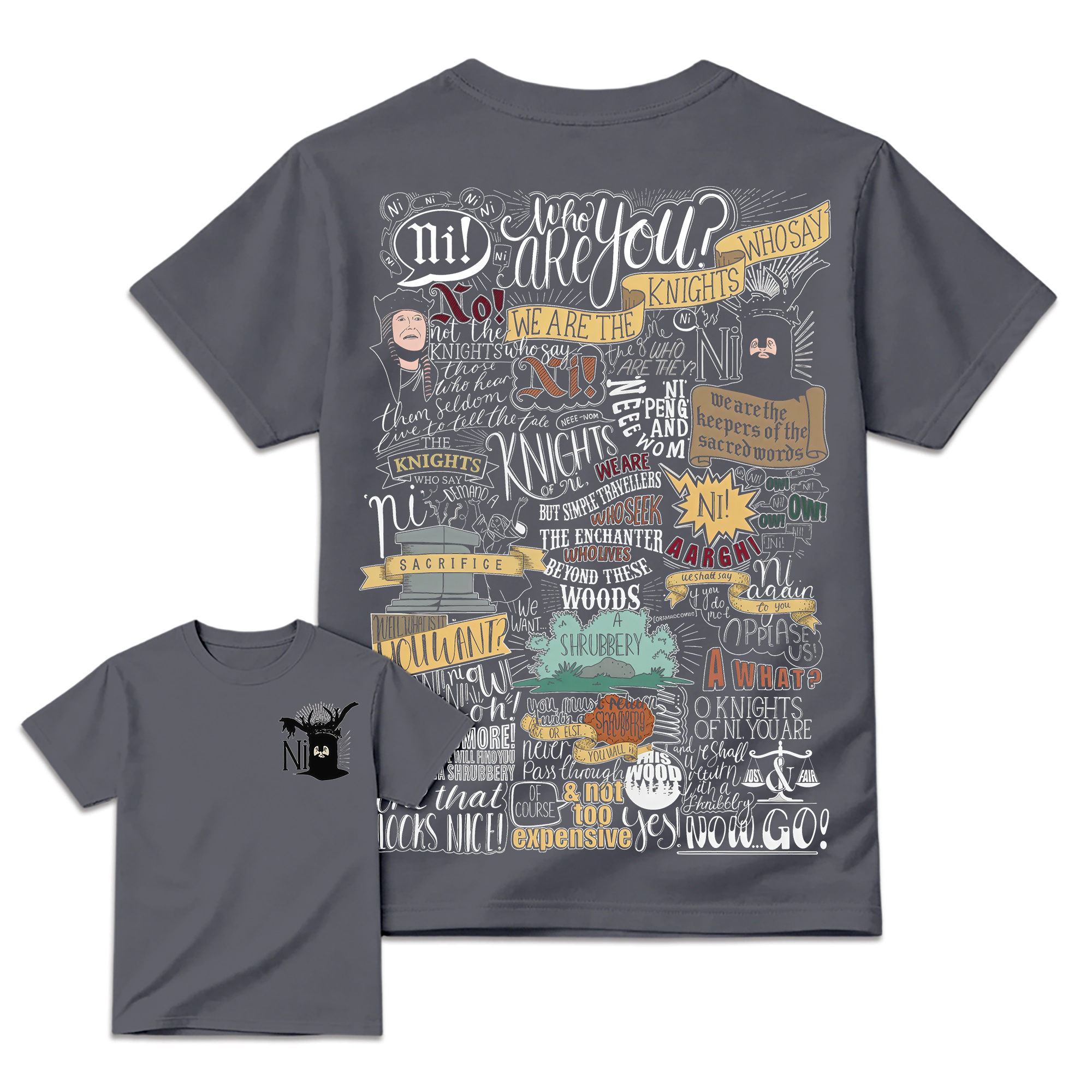 Ni! & Shrubbery Knights Who Say Ni Shirt 2sides, Monty Python and the Holy Grail Meme Tee, Funny 1975 Weirdcore Y2K Aesthetic Gift Unisex Shirt