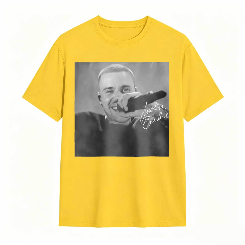Justin Bieber Singing With Microphone Signature tshirt 100% cotton